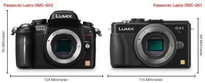 Größenvergleich: Panasonic Lumix DMC-GH2 vs. Panasonic Lumix DMC-GX1 Größenvergleich: Panasonic Lumix DMC-GH2 vs. Panasonic Lumix DMC-GX1