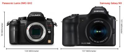 Größenvergleich: Panasonic Lumix DMC-GH2 vs. Samsung Galaxy NX Größenvergleich: Panasonic Lumix DMC-GH2 vs. Samsung Galaxy NX