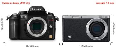 Größenvergleich: Panasonic Lumix DMC-GH2 vs. Samsung NX mini Größenvergleich: Panasonic Lumix DMC-GH2 vs. Samsung NX mini
