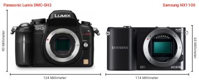 Größenvergleich: Panasonic Lumix DMC-GH2 vs. Samsung NX1100 Größenvergleich: Panasonic Lumix DMC-GH2 vs. Samsung NX1100