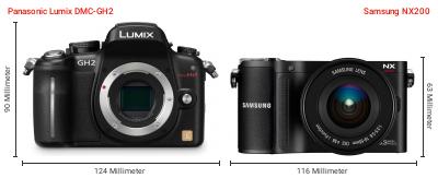 Größenvergleich: Panasonic Lumix DMC-GH2 vs. Samsung NX200 Größenvergleich: Panasonic Lumix DMC-GH2 vs. Samsung NX200