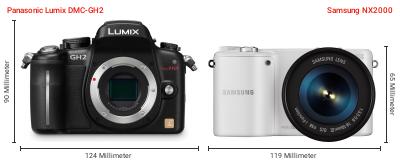Größenvergleich: Panasonic Lumix DMC-GH2 vs. Samsung NX2000 Größenvergleich: Panasonic Lumix DMC-GH2 vs. Samsung NX2000