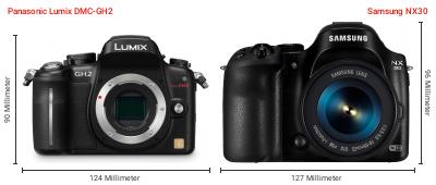 Größenvergleich: Panasonic Lumix DMC-GH2 vs. Samsung NX30 Größenvergleich: Panasonic Lumix DMC-GH2 vs. Samsung NX30