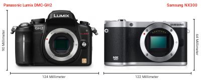 Größenvergleich: Panasonic Lumix DMC-GH2 vs. Samsung NX300 Größenvergleich: Panasonic Lumix DMC-GH2 vs. Samsung NX300