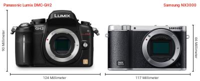 Größenvergleich: Panasonic Lumix DMC-GH2 vs. Samsung NX3000 Größenvergleich: Panasonic Lumix DMC-GH2 vs. Samsung NX3000