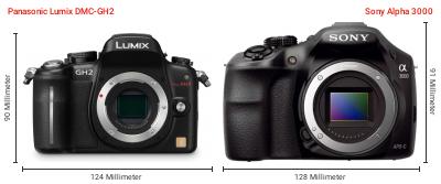 Größenvergleich: Panasonic Lumix DMC-GH2 vs. Sony Alpha 3000 Größenvergleich: Panasonic Lumix DMC-GH2 vs. Sony Alpha 3000