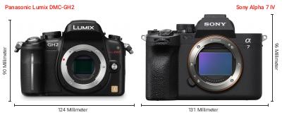 Größenvergleich: Panasonic Lumix DMC-GH2 vs. Sony Alpha 7 IV Größenvergleich: Panasonic Lumix DMC-GH2 vs. Sony Alpha 7 IV