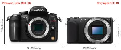 Größenvergleich: Panasonic Lumix DMC-GH2 vs. Sony Alpha NEX-3N Größenvergleich: Panasonic Lumix DMC-GH2 vs. Sony Alpha NEX-3N