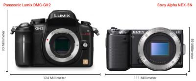 Größenvergleich: Panasonic Lumix DMC-GH2 vs. Sony Alpha NEX-5N Größenvergleich: Panasonic Lumix DMC-GH2 vs. Sony Alpha NEX-5N
