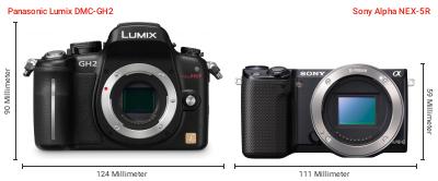 Größenvergleich: Panasonic Lumix DMC-GH2 vs. Sony Alpha NEX-5R Größenvergleich: Panasonic Lumix DMC-GH2 vs. Sony Alpha NEX-5R