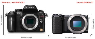 Größenvergleich: Panasonic Lumix DMC-GH2 vs. Sony Alpha NEX-5T Größenvergleich: Panasonic Lumix DMC-GH2 vs. Sony Alpha NEX-5T