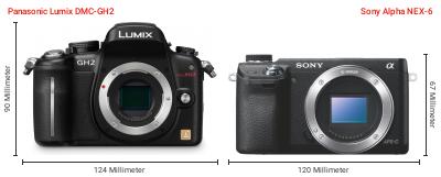 Größenvergleich: Panasonic Lumix DMC-GH2 vs. Sony Alpha NEX-6 Größenvergleich: Panasonic Lumix DMC-GH2 vs. Sony Alpha NEX-6