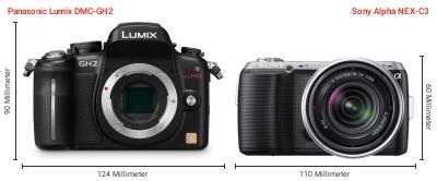 Größenvergleich: Panasonic Lumix DMC-GH2 vs. Sony Alpha NEX-C3 Größenvergleich: Panasonic Lumix DMC-GH2 vs. Sony Alpha NEX-C3