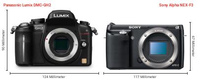 Größenvergleich: Panasonic Lumix DMC-GH2 vs. Sony Alpha NEX-F3 Größenvergleich: Panasonic Lumix DMC-GH2 vs. Sony Alpha NEX-F3