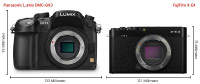 Größenvergleich: Panasonic Lumix DMC-GH3 vs. Fujifilm X-E4