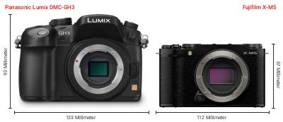 Größenvergleich: Panasonic Lumix DMC-GH3 vs. Fujifilm X-M5 Größenvergleich: Panasonic Lumix DMC-GH3 vs. Fujifilm X-M5