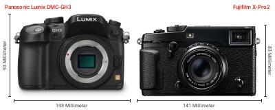 Größenvergleich: Panasonic Lumix DMC-GH3 vs. Fujifilm X-Pro2 Größenvergleich: Panasonic Lumix DMC-GH3 vs. Fujifilm X-Pro2