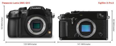 Größenvergleich: Panasonic Lumix DMC-GH3 vs. Fujifilm X-Pro3 Größenvergleich: Panasonic Lumix DMC-GH3 vs. Fujifilm X-Pro3