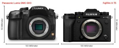 Größenvergleich: Panasonic Lumix DMC-GH3 vs. Fujifilm X-T5 Größenvergleich: Panasonic Lumix DMC-GH3 vs. Fujifilm X-T5