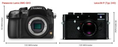 Größenvergleich: Panasonic Lumix DMC-GH3 vs. Leica M-P (Typ 240) Größenvergleich: Panasonic Lumix DMC-GH3 vs. Leica M-P (Typ 240)