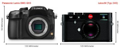 Größenvergleich: Panasonic Lumix DMC-GH3 vs. Leica M (Typ 240) Größenvergleich: Panasonic Lumix DMC-GH3 vs. Leica M (Typ 240)