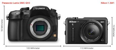 Größenvergleich: Panasonic Lumix DMC-GH3 vs. Nikon 1 AW1