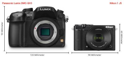 Größenvergleich: Panasonic Lumix DMC-GH3 vs. Nikon 1 J5 Größenvergleich: Panasonic Lumix DMC-GH3 vs. Nikon 1 J5