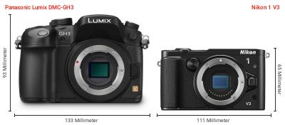 Größenvergleich: Panasonic Lumix DMC-GH3 vs. Nikon 1 V3 Größenvergleich: Panasonic Lumix DMC-GH3 vs. Nikon 1 V3