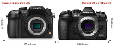 Größenvergleich: Panasonic Lumix DMC-GH3 vs. OM System OM-D E-M1 Mark III Größenvergleich: Panasonic Lumix DMC-GH3 vs. OM System OM-D E-M1 Mark III