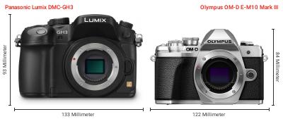 Größenvergleich: Panasonic Lumix DMC-GH3 vs. OM System OM-D E-M10 Mark III Größenvergleich: Panasonic Lumix DMC-GH3 vs. OM System OM-D E-M10 Mark III