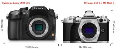 Größenvergleich: Panasonic Lumix DMC-GH3 vs. OM System OM-D E-M5 Mark II Größenvergleich: Panasonic Lumix DMC-GH3 vs. OM System OM-D E-M5 Mark II