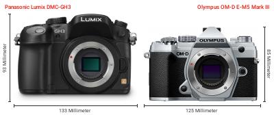 Größenvergleich: Panasonic Lumix DMC-GH3 vs. OM System OM-D E-M5 Mark III