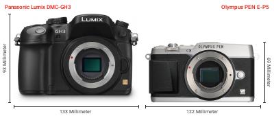 Größenvergleich: Panasonic Lumix DMC-GH3 vs. OM System PEN E-P5 Größenvergleich: Panasonic Lumix DMC-GH3 vs. OM System PEN E-P5