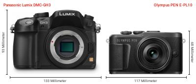 Größenvergleich: Panasonic Lumix DMC-GH3 vs. OM System PEN E-PL10 Größenvergleich: Panasonic Lumix DMC-GH3 vs. OM System PEN E-PL10