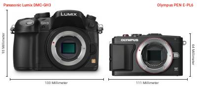 Größenvergleich: Panasonic Lumix DMC-GH3 vs. OM System PEN E-PL6 Größenvergleich: Panasonic Lumix DMC-GH3 vs. OM System PEN E-PL6
