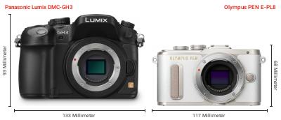 Größenvergleich: Panasonic Lumix DMC-GH3 vs. OM System PEN E-PL8 Größenvergleich: Panasonic Lumix DMC-GH3 vs. OM System PEN E-PL8