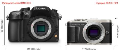 Größenvergleich: Panasonic Lumix DMC-GH3 vs. OM System PEN E-PL9 Größenvergleich: Panasonic Lumix DMC-GH3 vs. OM System PEN E-PL9