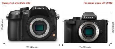 Größenvergleich: Panasonic Lumix DMC-GH3 vs. Panasonic Lumix DC-G100D Größenvergleich: Panasonic Lumix DMC-GH3 vs. Panasonic Lumix DC-G100D