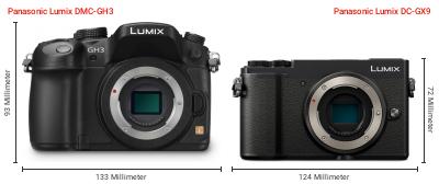 Größenvergleich: Panasonic Lumix DMC-GH3 vs. Panasonic Lumix DC-GX9 Größenvergleich: Panasonic Lumix DMC-GH3 vs. Panasonic Lumix DC-GX9