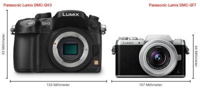 Größenvergleich: Panasonic Lumix DMC-GH3 vs. Panasonic Lumix DMC-GF7 Größenvergleich: Panasonic Lumix DMC-GH3 vs. Panasonic Lumix DMC-GF7