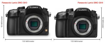 Größenvergleich: Panasonic Lumix DMC-GH3 vs. Panasonic Lumix DMC-GH4 Größenvergleich: Panasonic Lumix DMC-GH3 vs. Panasonic Lumix DMC-GH4
