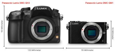 Größenvergleich: Panasonic Lumix DMC-GH3 vs. Panasonic Lumix DMC-GM1 Größenvergleich: Panasonic Lumix DMC-GH3 vs. Panasonic Lumix DMC-GM1