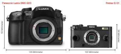 Größenvergleich: Panasonic Lumix DMC-GH3 vs. Pentax Q-S1 Größenvergleich: Panasonic Lumix DMC-GH3 vs. Pentax Q-S1