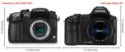 Größenvergleich: Panasonic Lumix DMC-GH3 vs. Samsung Galaxy NX Größenvergleich: Panasonic Lumix DMC-GH3 vs. Samsung Galaxy NX