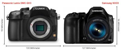 Größenvergleich: Panasonic Lumix DMC-GH3 vs. Samsung NX30