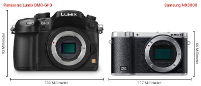 Größenvergleich: Panasonic Lumix DMC-GH3 vs. Samsung NX3000 Größenvergleich: Panasonic Lumix DMC-GH3 vs. Samsung NX3000