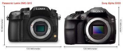Größenvergleich: Panasonic Lumix DMC-GH3 vs. Sony Alpha 3000 Größenvergleich: Panasonic Lumix DMC-GH3 vs. Sony Alpha 3000