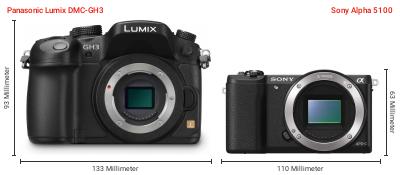 Größenvergleich: Panasonic Lumix DMC-GH3 vs. Sony Alpha 5100 Größenvergleich: Panasonic Lumix DMC-GH3 vs. Sony Alpha 5100