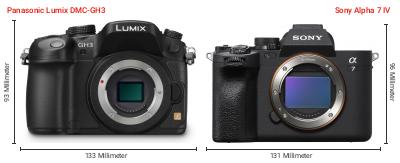 Größenvergleich: Panasonic Lumix DMC-GH3 vs. Sony Alpha 7 IV Größenvergleich: Panasonic Lumix DMC-GH3 vs. Sony Alpha 7 IV
