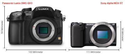 Größenvergleich: Panasonic Lumix DMC-GH3 vs. Sony Alpha NEX-5T Größenvergleich: Panasonic Lumix DMC-GH3 vs. Sony Alpha NEX-5T